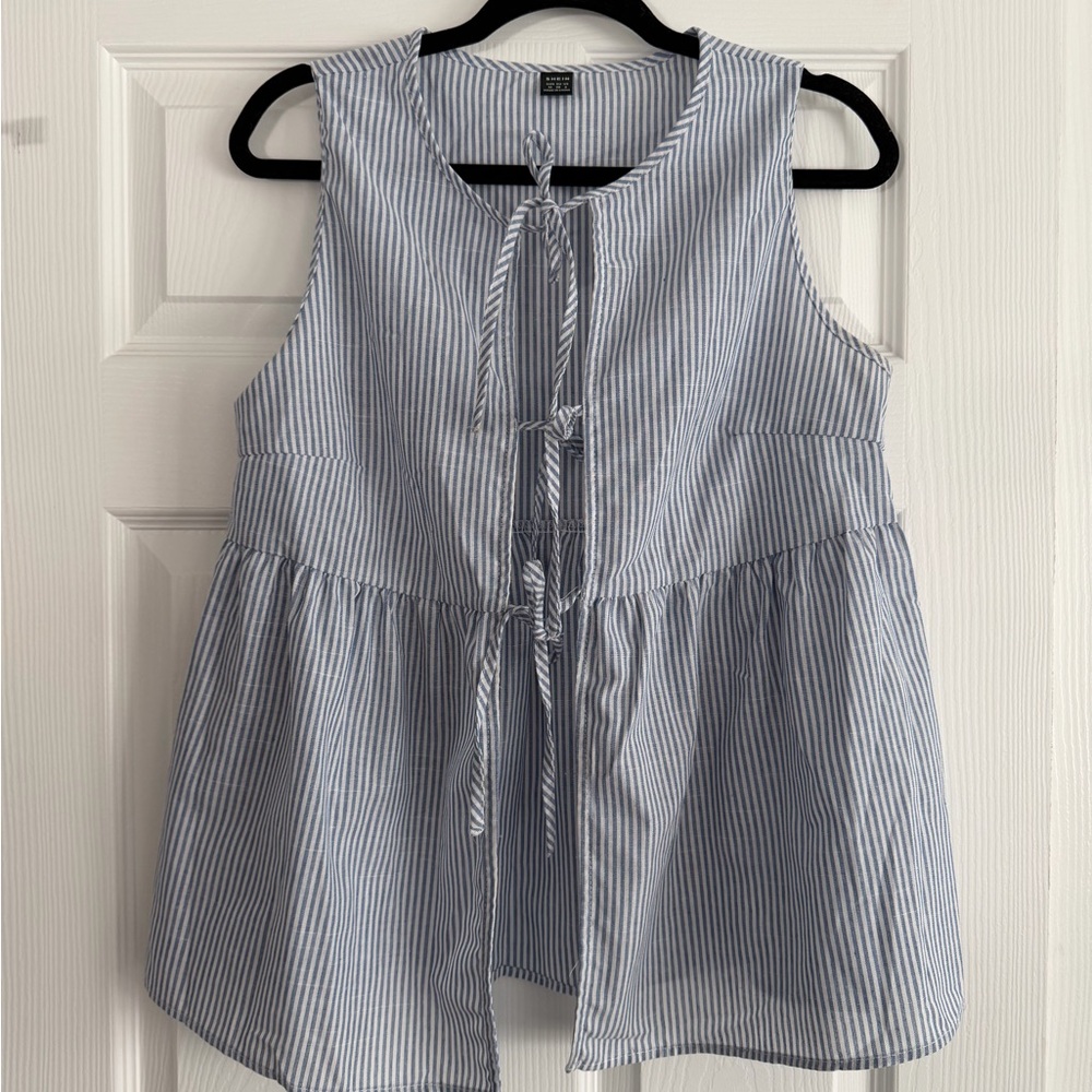 SHEIN Blue and White Striped Sleeveless Button-Down Peplum Top-Maternity